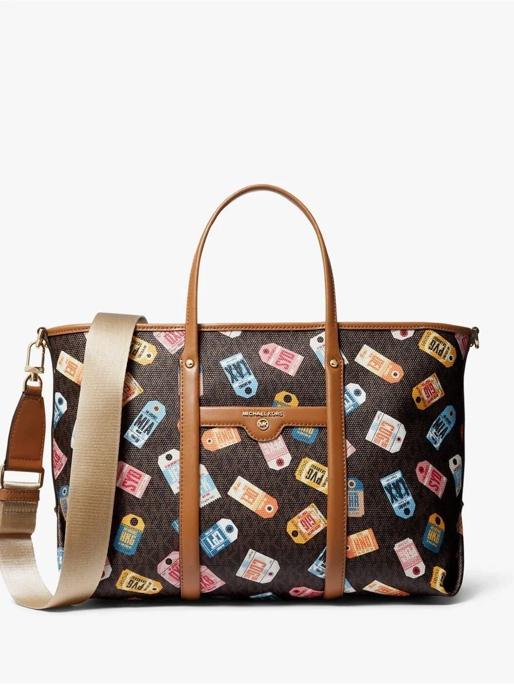 Michael Kors Multicolor Printed Canvas Duffel with Tan Leather Trim